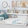 Full Floor Bed With Side Bookcase, Shelves, Guardrails - White - Image 6