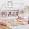 Full Size Bed House Frame With Fence And Shelves - Pink - Image 11