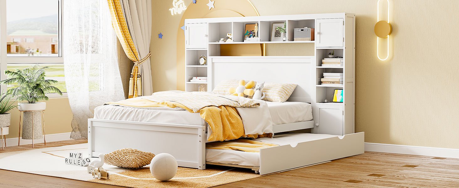 Queen Size Bed With All In One Cabinet, Shelf And Sockets, Twin Long Trundle - White - Image 16