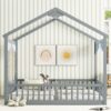 Double Twin House-Style Floor Bed With Fence, Guardrails, Without Door - Gray - Image 3