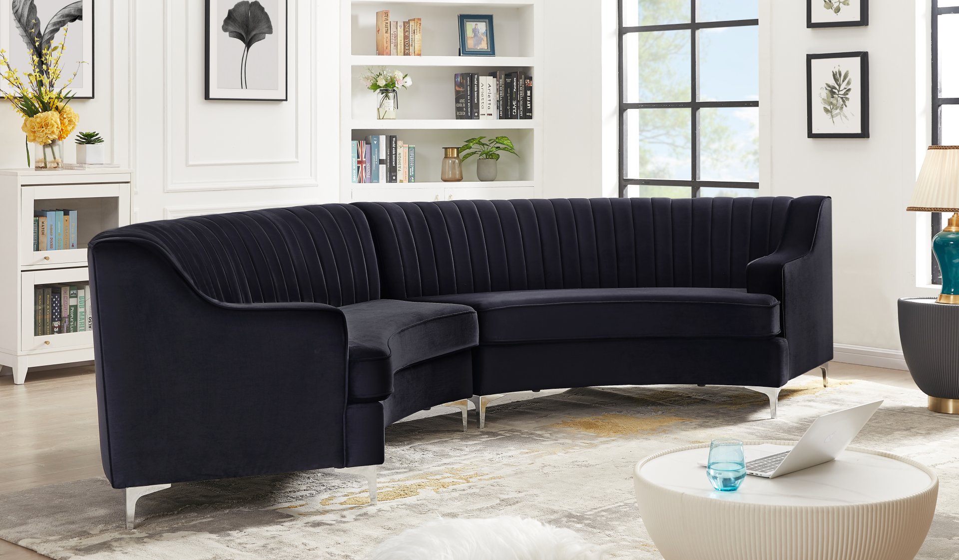 Velvet Curved Sofa - Black - Image 3