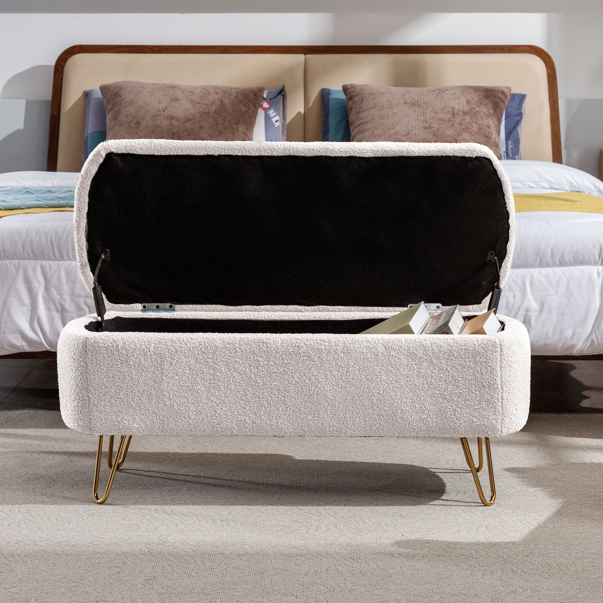 Storage Ottoman Bench For End Of Bed Gold Legs, Modern Ivory White Faux Fur Entryway Bench Upholstered Padded With Storage For Living Room Bedroom - Ivory - Image 8