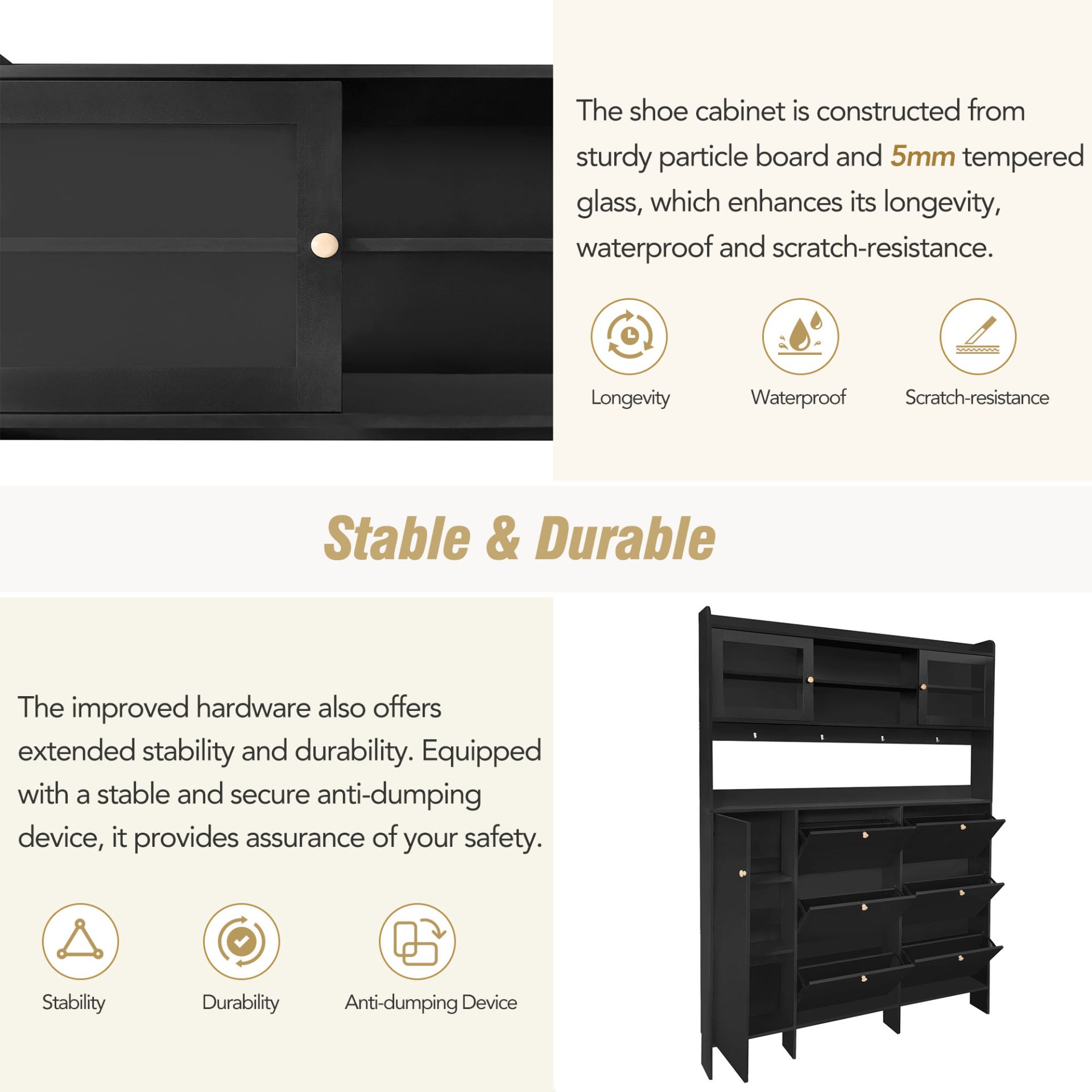 Multifunctional Tipping Bucket Shoe Cabinet With Storage Shelf & 6 Flip Drawers, Large Hall Tree With Tempered Glass Doors, Foyer Cabinet With 4 Hooks For Hallway - Black - Image 10