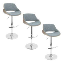 Fabrizzi - Mid-Century Modern Adjustable Barstool With Swivel With Rounded T Footrest (Set of 3) - Chrome / Walnut / Blue