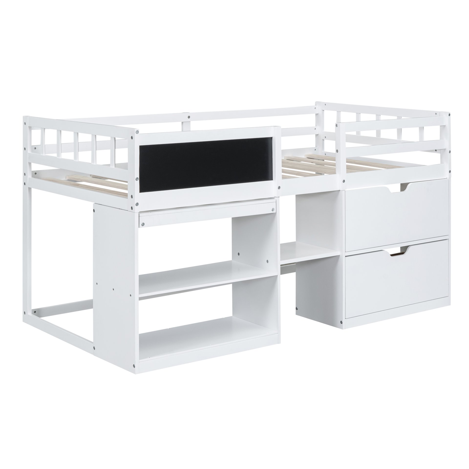 Twin Size Low Loft Bed With Rolling Desk, Shelf And Drawers - White - Image 3