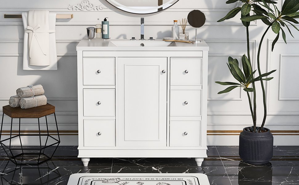 Contemporary Bathroom Vanity Cabinet, 4 Drawers & 1 Cabinet Door, Multipurpose Storage, Resin Integrated Sink, Adjustable Shelves, Solid Wood Frame With MDF - White - Image 4