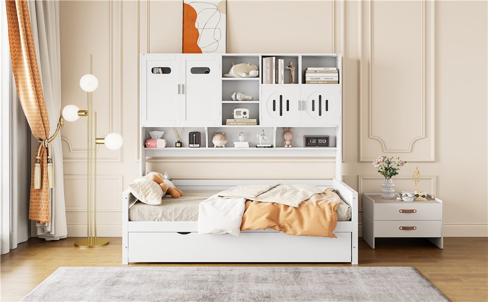 Twin Size Wooden Daybed With Twin Size Trundle, And All In One Cabinet And Shelf - White - Image 17