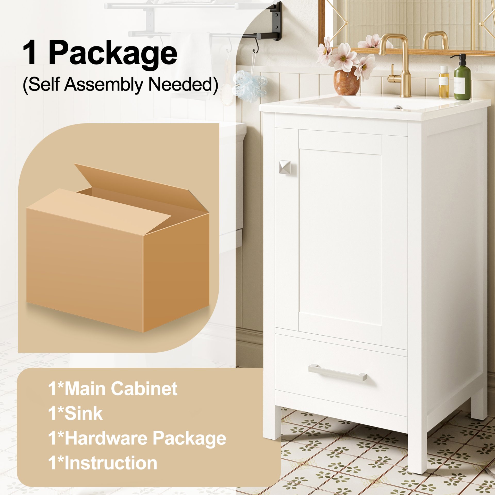 18" Bathroom Vanity With Sink, Soft Close Drawers, Door Organizer, Divider Drawer, Adjustable Foot Pads - White - Image 11