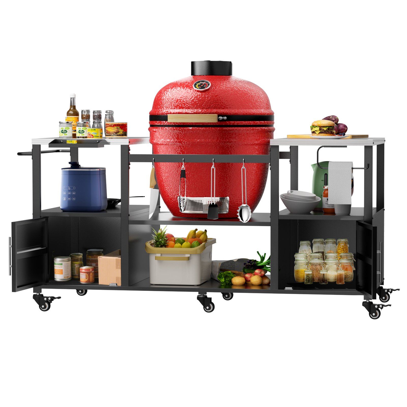 Outdoor Grill Table For Big Egg Style Bbq With Metal Grill Cart And Storage Box And Metal And Stainless Steel - Black / Silver - Image 7