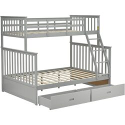 Wooden Twin Over Full Bunk Bed With Storage Drawers, Ladder, And Safety Guard Rails - Gray
