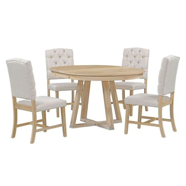 5 Piece Retro Functional Dining Set, Round Table With Leaf And 4 Upholstered Chairs For Dining Room And Living Room - Natural