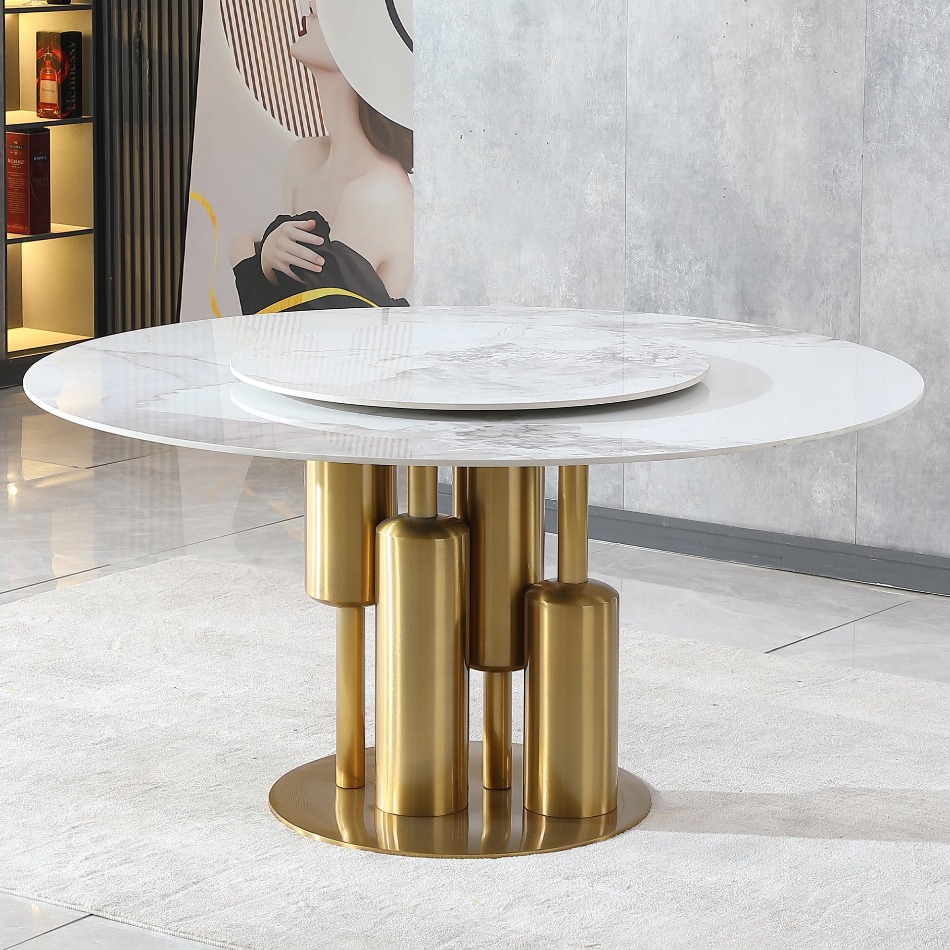 53" Round Marble Dining Table With Lazy Susan, Dining Room, Dinette (Table Only) - Gold / Gold / White - Image 2