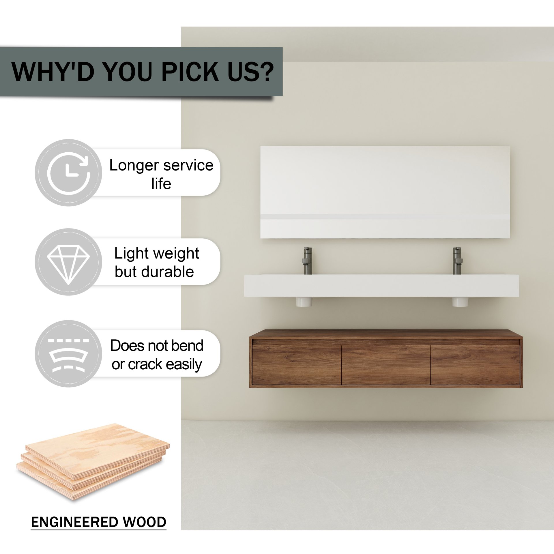 Modern Wall Mounted Bathroom Vanity With Dual Resin Sink And Soft Close Drawers - Brown Ebony - Image 7