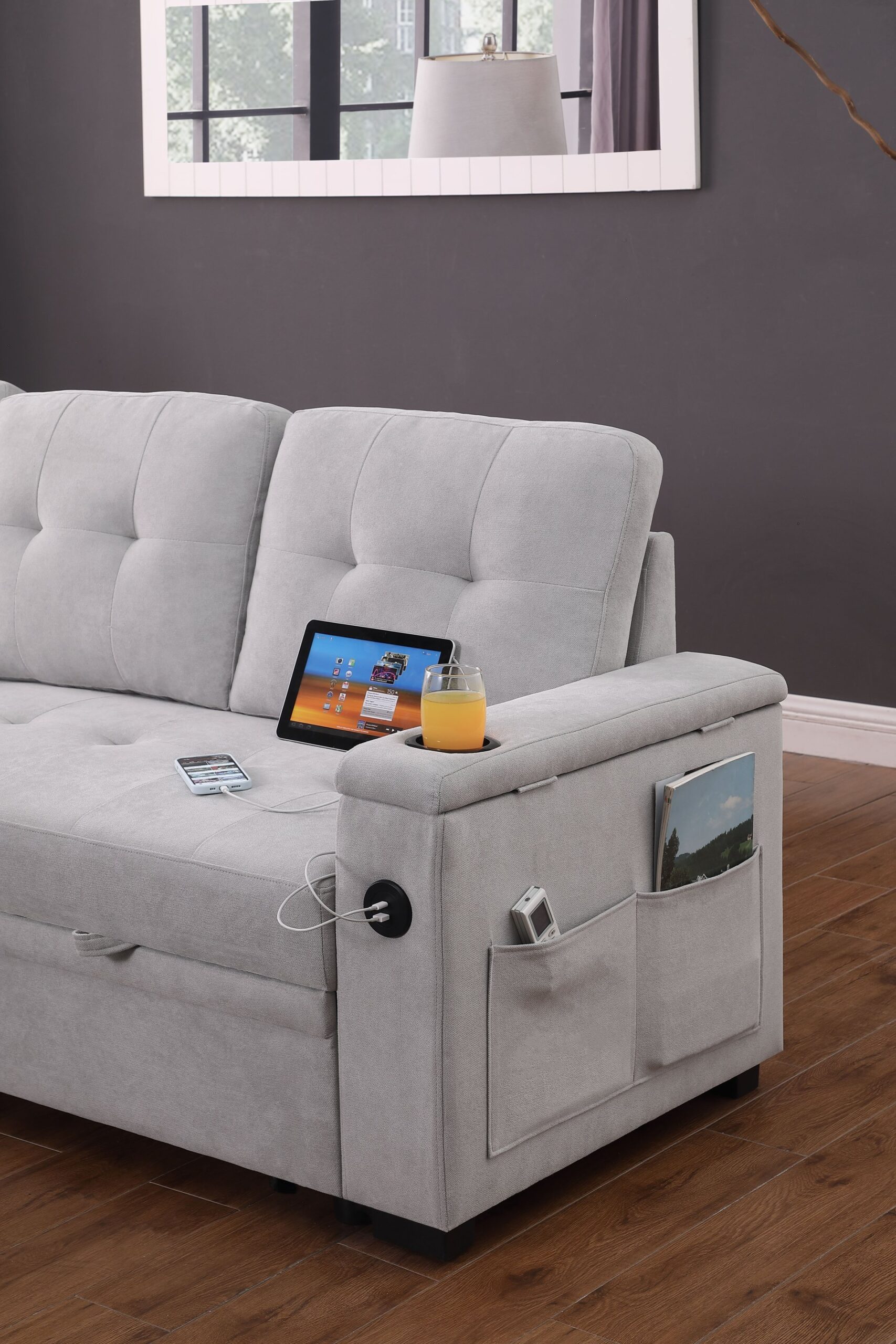 Ashlyn II - Woven Fabric Reversible Sleeper Sectional Sofa With Storage Chaise, Storage Arm, Cup Holder, Charging Ports, Side Pockets, and Pocket Coil Seating - Gray - Image 10