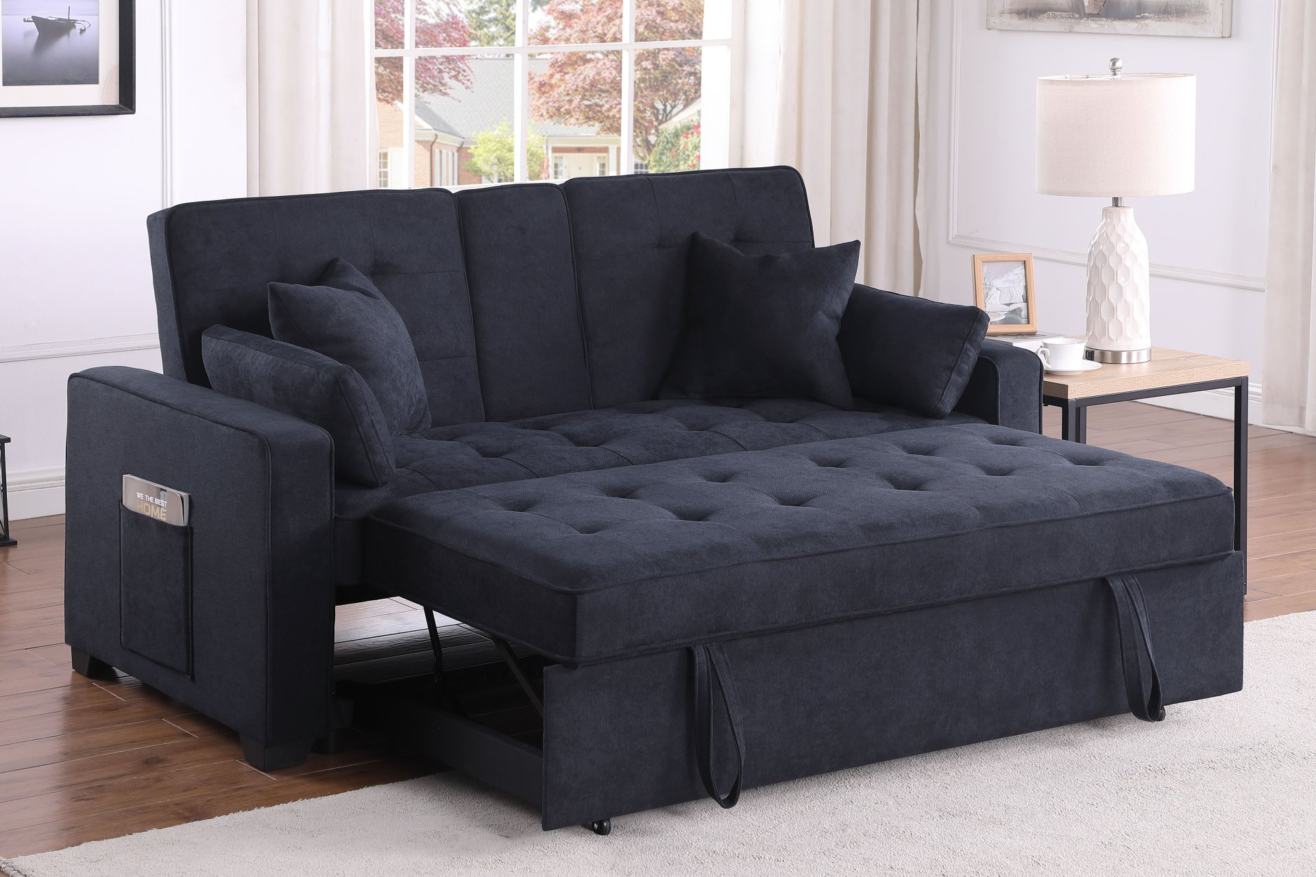 Cody II - Woven Fabric Convertible Sleeper Loveseat With Cup Holder, Charging Ports, Side Pocket, and Pocket Coil Seating - Dark Gray - Image 2