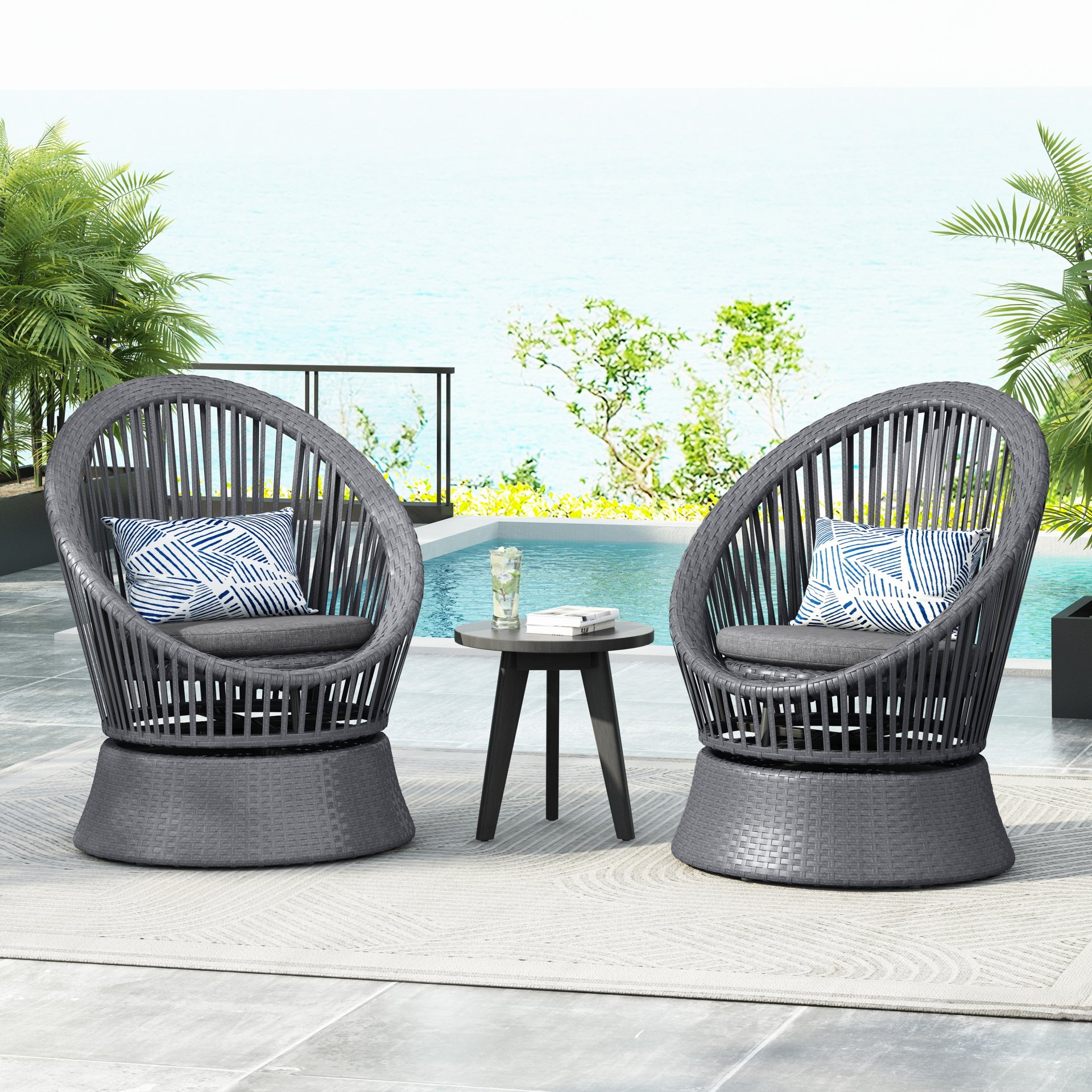 Modern Swivel Wicker Lounge Chair Set With Rattan And Iron Frame, Round Design - Gray - Image 15