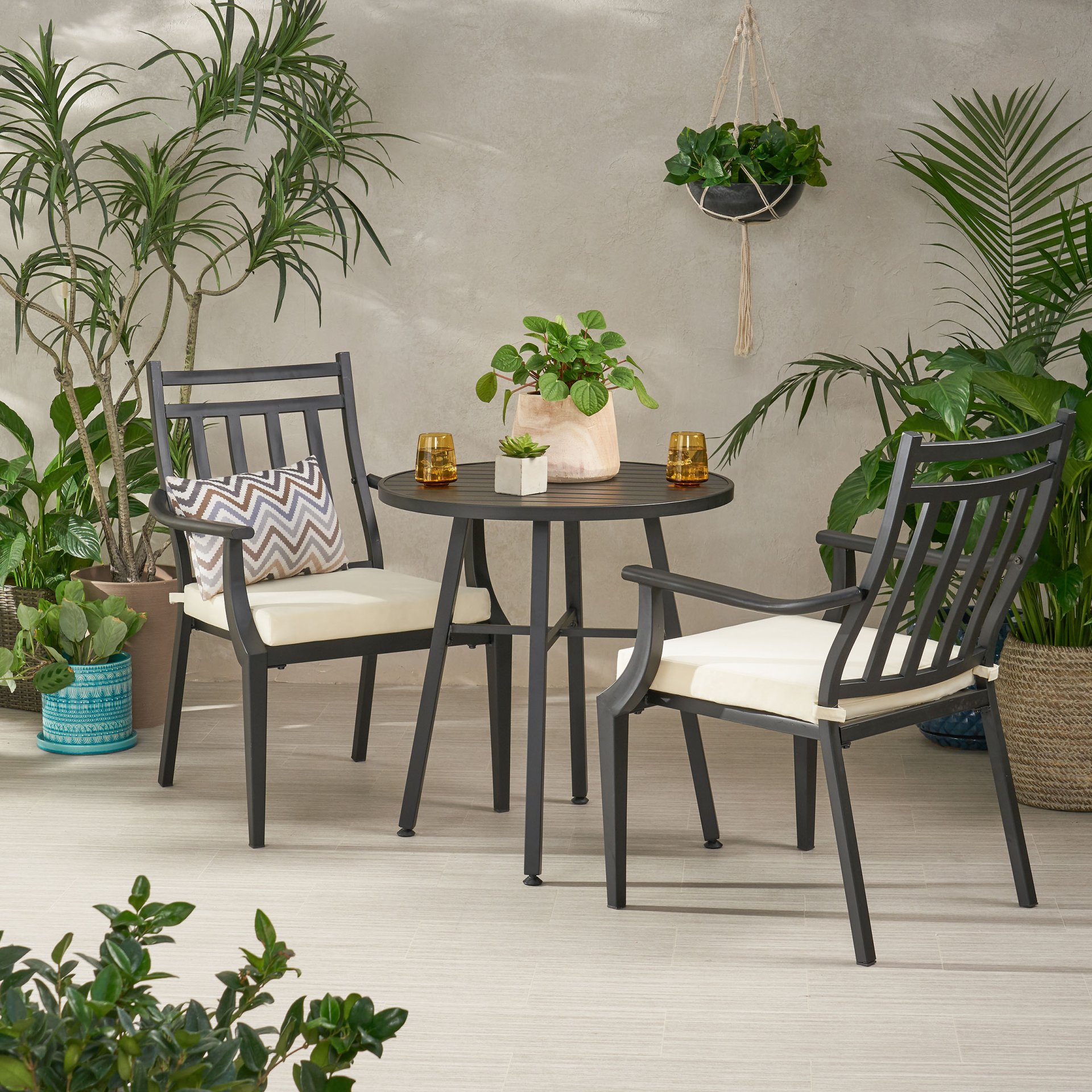 3 Piece Metal Bistro Set With 2 Curved Armrest Chairs - Black - Image 7