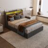 Full Size Bed Frame With LED Lights, 4 Drawers, Winged Headboard Upholstered - Dark Gray - Image 5