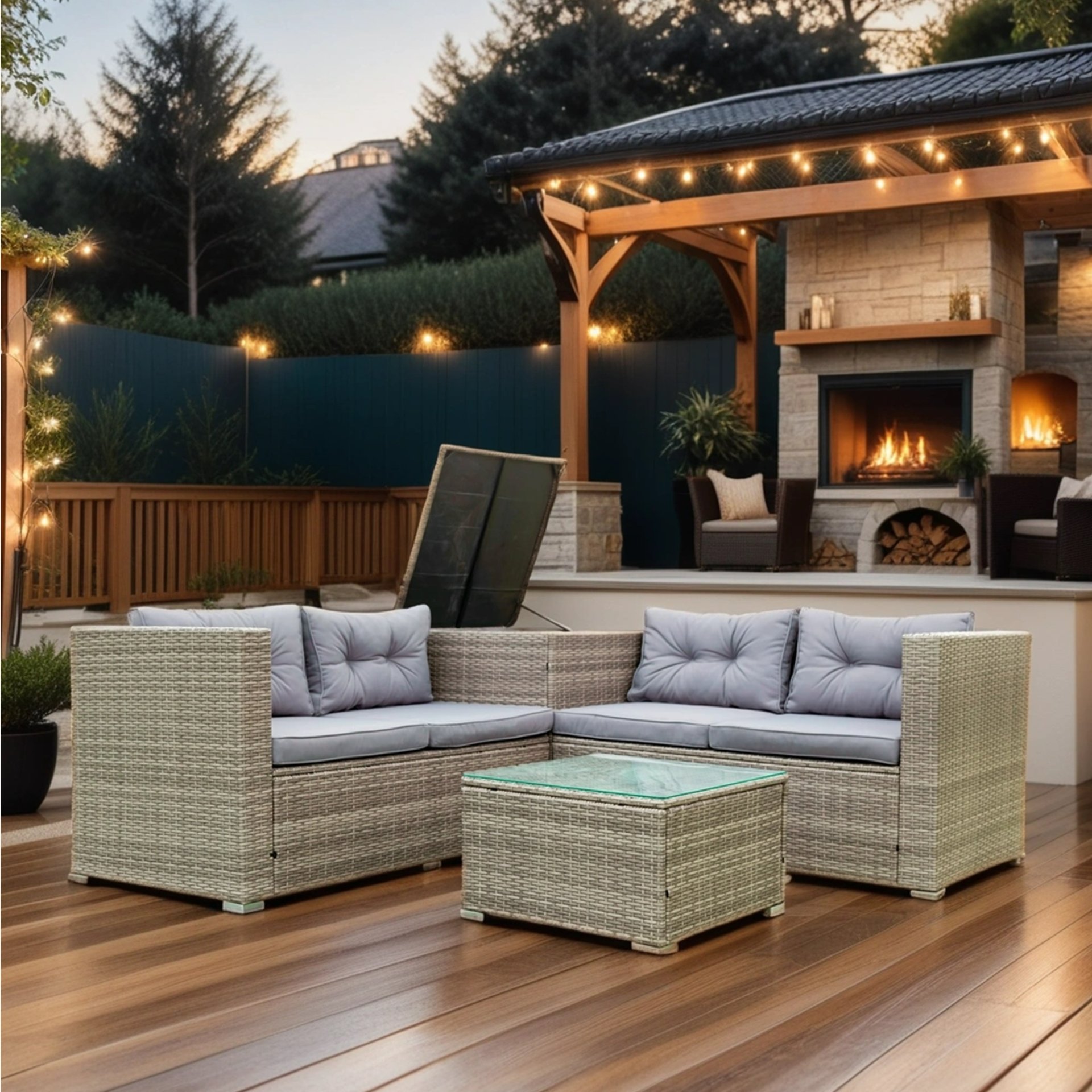 4 Piece Patio Sectional Wicker Rattan Outdoor Furniture Sofa Set With Storage Box - Gray - Image 5