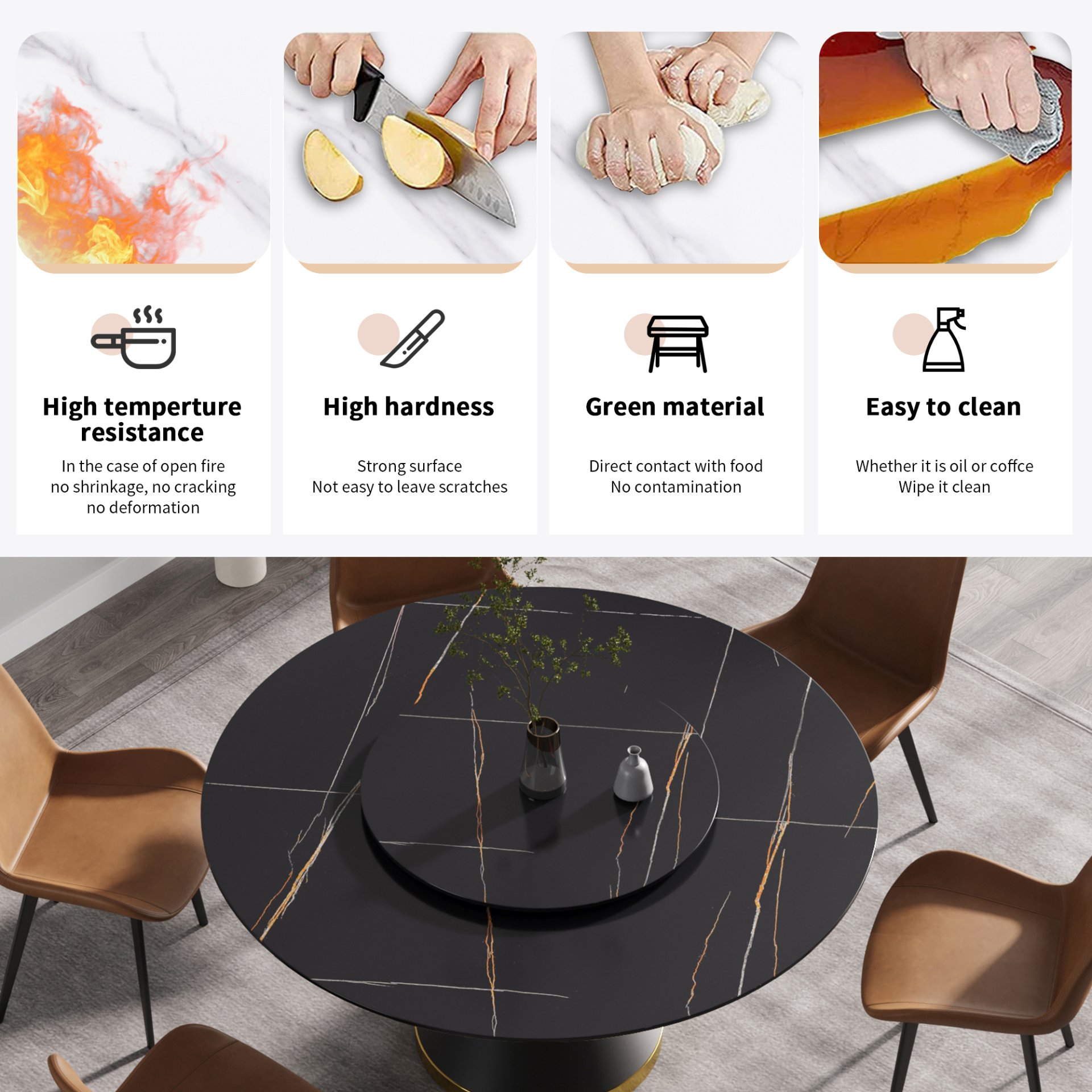 Modern Artificial Stone Round Carbon Steel Base Dining Table, Can Accommodate 6 People Artificial Stone Turntable - Black - Image 6