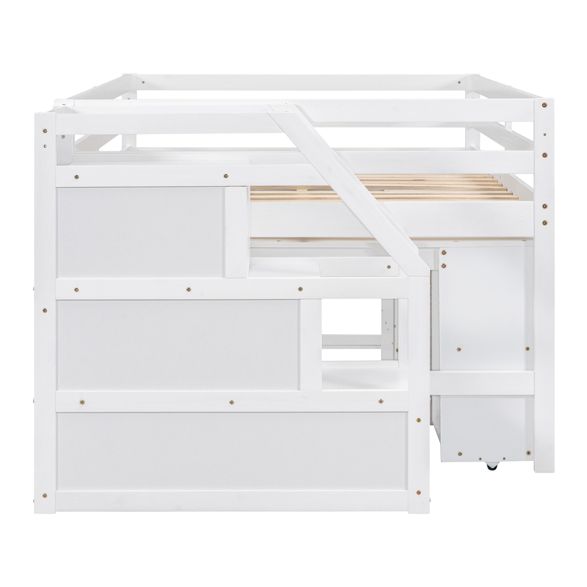 Full Size Loft Bed With Retractable Writing Desk And 3 Drawers With Storage Stairs And Shelves - White - Image 11