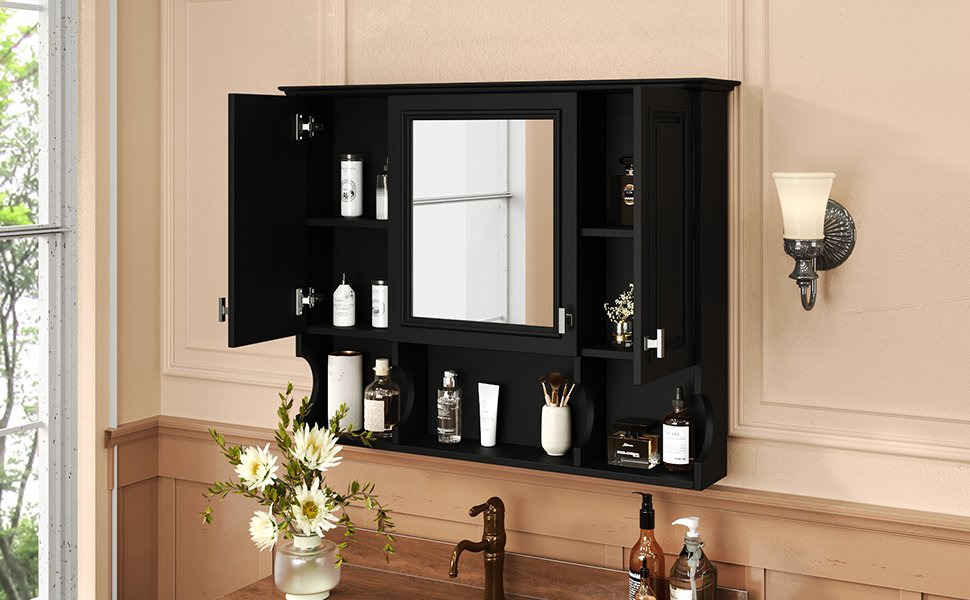 Wall Mounted Bathroom Medicine Cabinet, Modern Bathroom Wall Cabinet With Mirror, Mirror Cabinet With Open Shelves - Black - Image 20