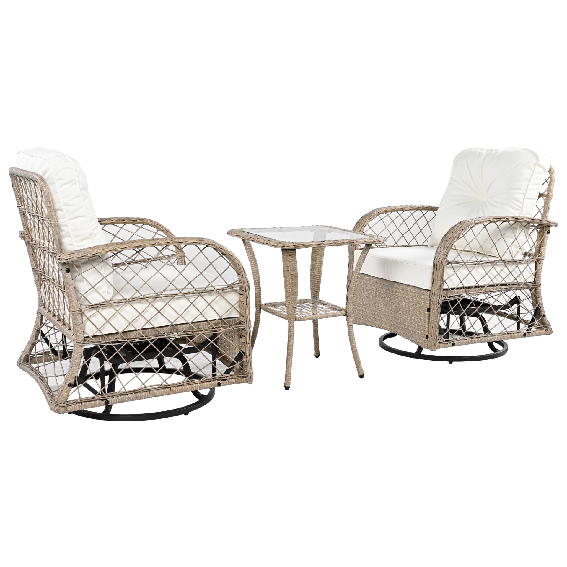 3 Piece Outdoor Chair & Table Set Chat Set 2 Person Rattan Seating Group With 2 Swiveling And Rocking Chairs And A Square Table For Garden, Patio, Or Balcony - Natural - Image 16