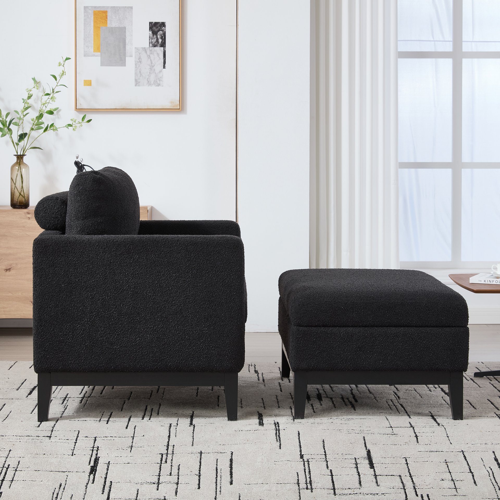 Farmhouse Upholstered Accent Chair With Ottoman Wood Base, Reversible Lid Coffee Table For Living Room Or Office - Black - Image 6
