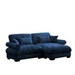 Modern Velvet 2 Seater Sofa & Ottoman Round Bolster Armrests Waist And Throw Pillows L Shape - Blue