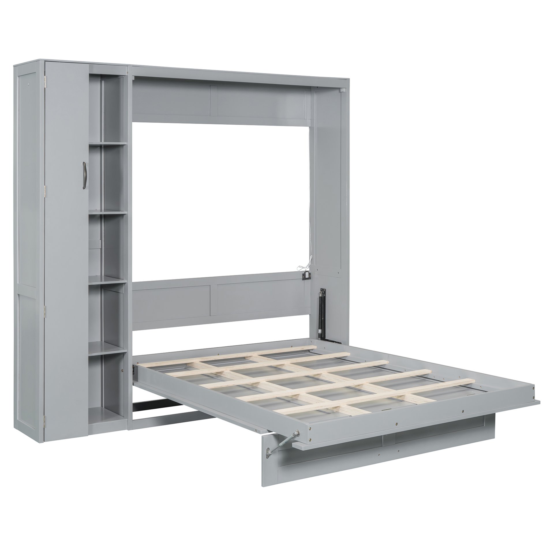 Full Size Murphy Wall Bed With Shelves, Wardrobe And LED Lights - Gray - Image 9