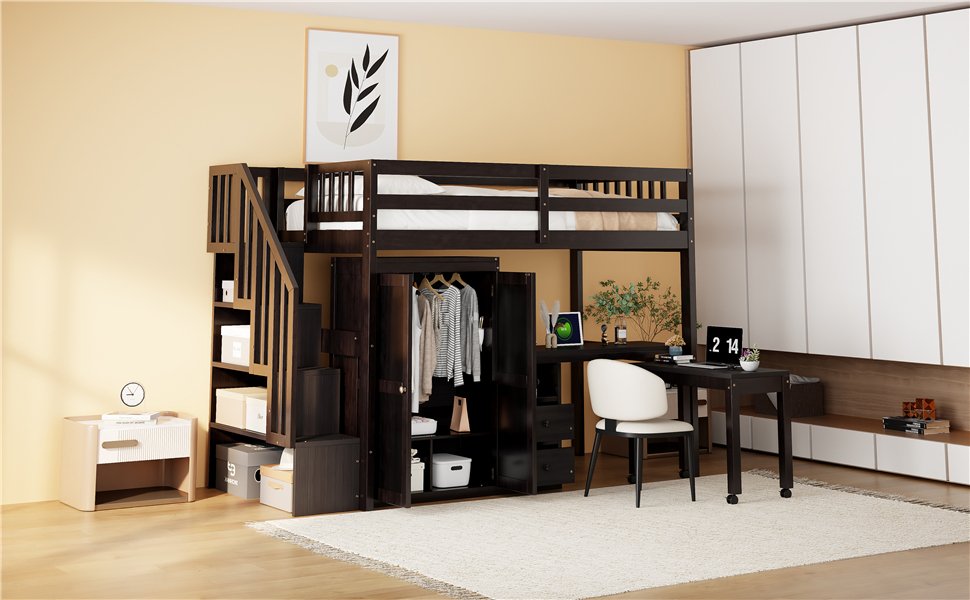 Twin Size Loft Bed With Stairs, Bookshelf, Drawers, Desk & Wardrobe, Space Saving Multifunctional Furniture - Espresso - Image 23