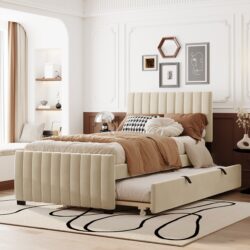 Twin Size Upholstered Platform Bed With Twin Size Trundle - Beige