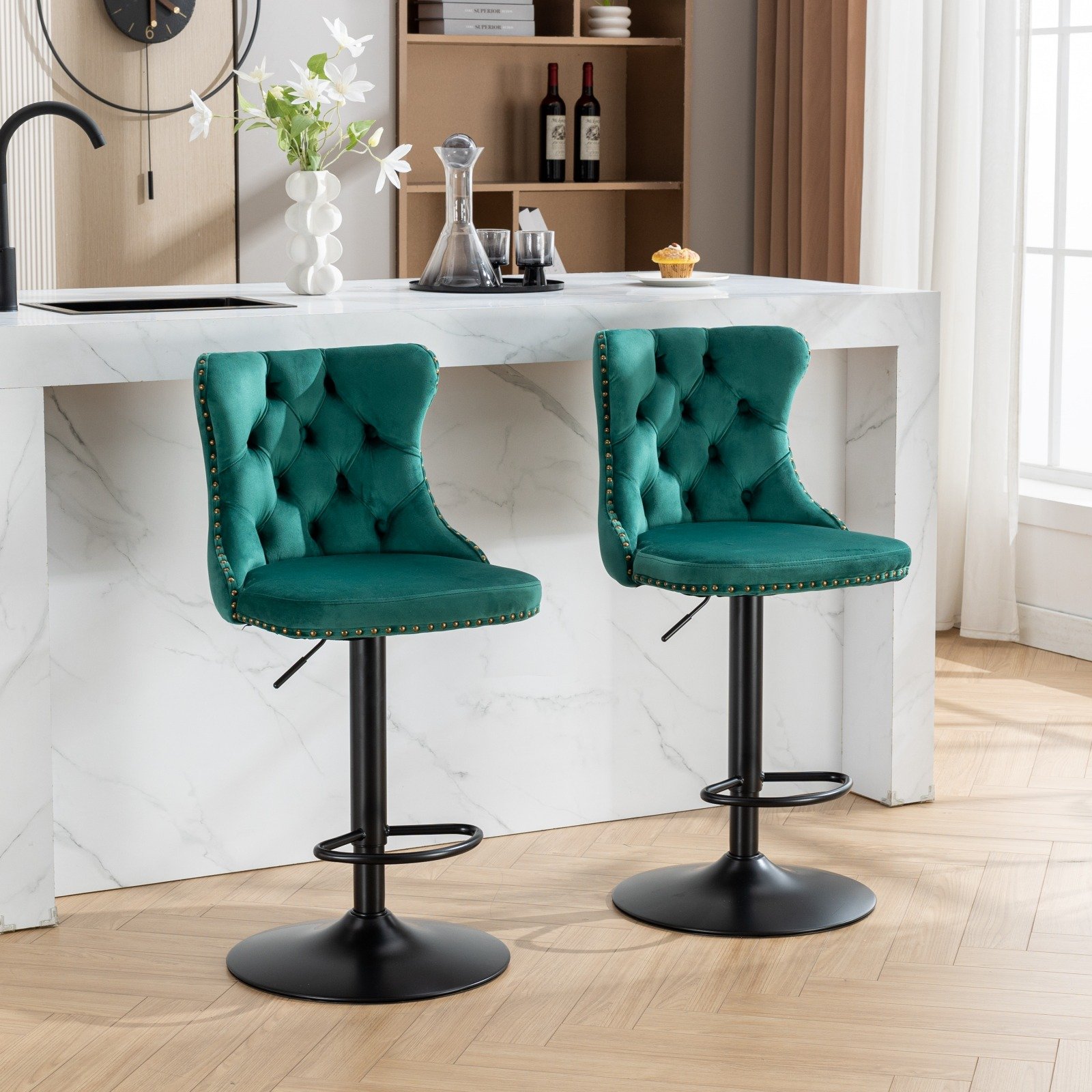 Swivel Velvet Barstools Adjusatble Seat Height, Modern Upholstered Bar Stools With Backs Comfortable Tufted For Home Pub And Kitchen Island (Set of 2) - Green - Image 16