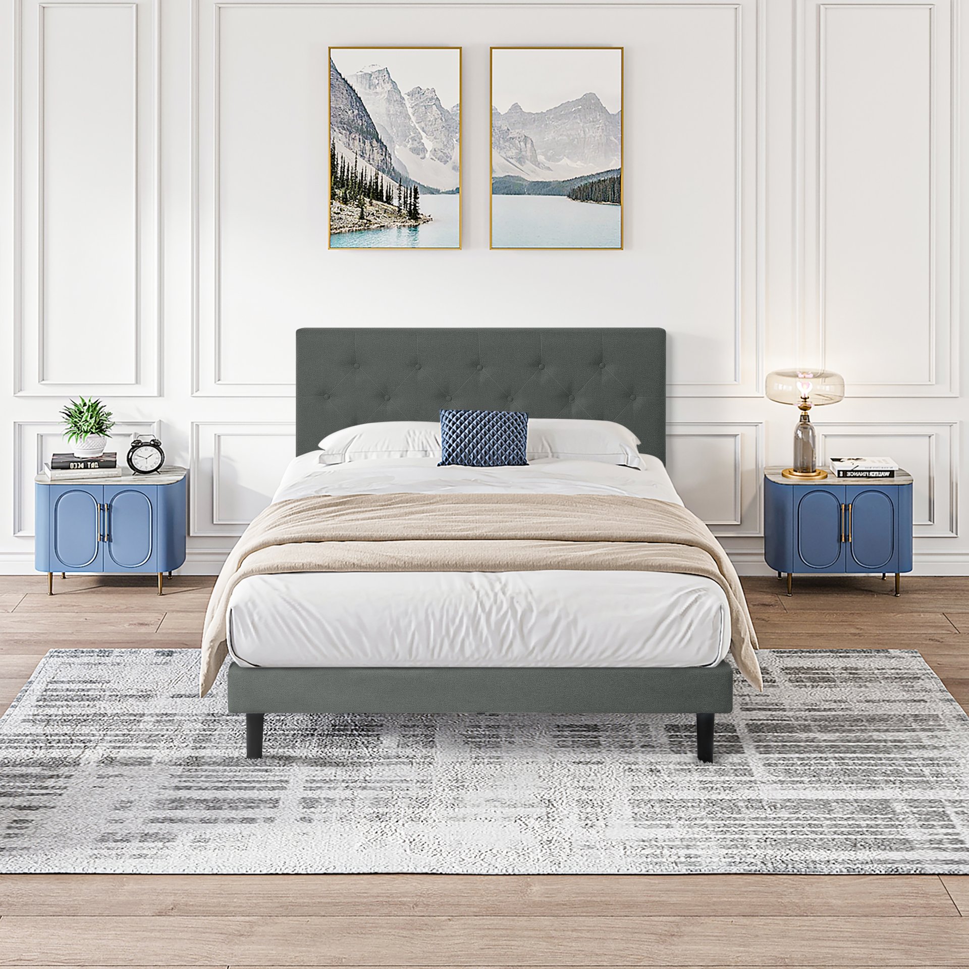 Twin Size Upholstered Platform Bed Frame With Button Tufted Linen Fabric Headboard - Dark Gray - Image 2