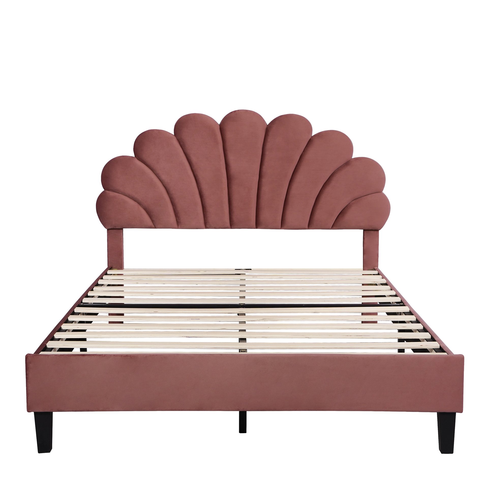 Full Size Upholstered Platform Bed With Flower Pattern Headboard - Bean Paste Red - Image 4