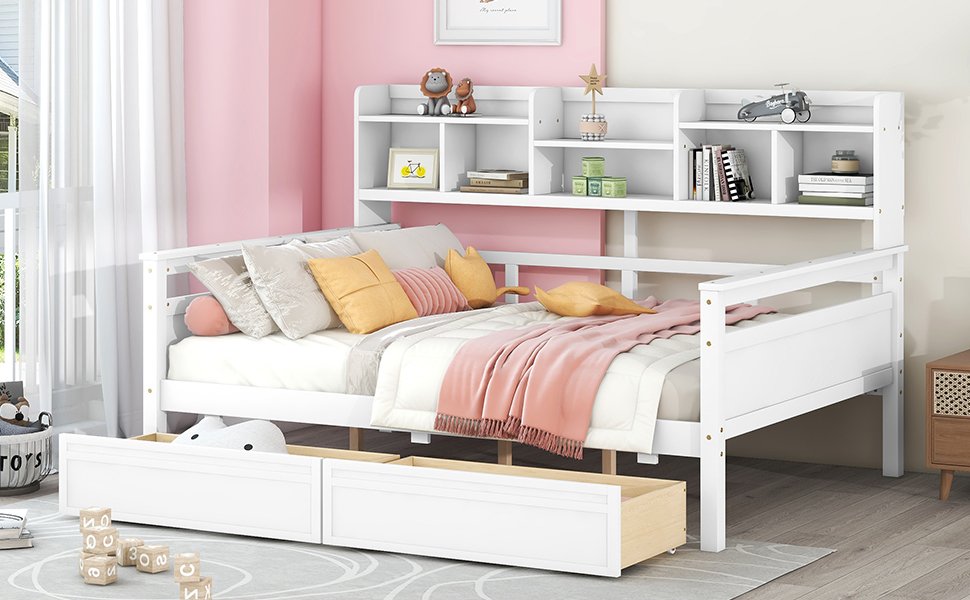Full Size Daybed, Slat Support, With Bedside Shelf And Two Drawers - White - Image 13