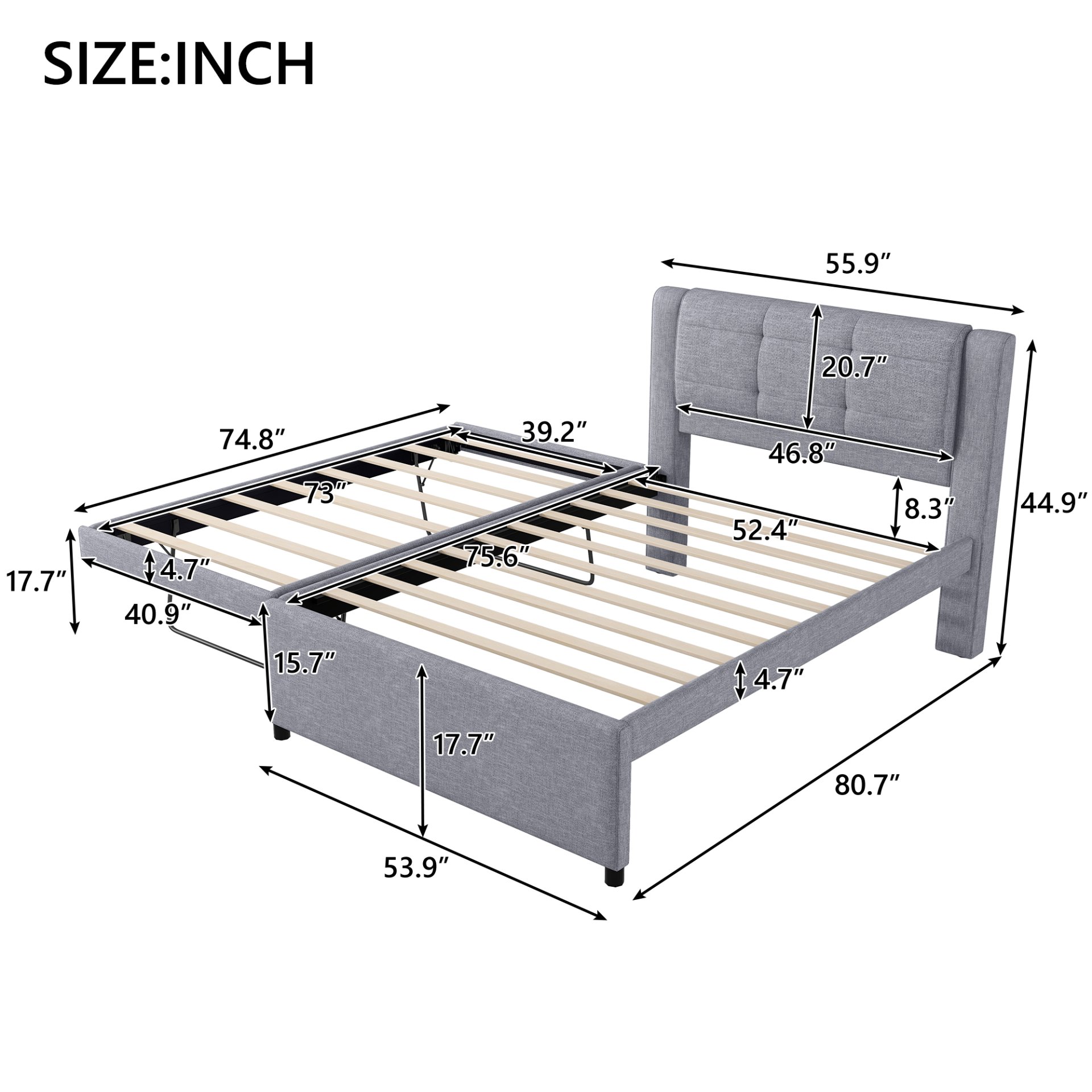 Full Size Upholstery Platform Bed With Trundle,Trundle Can Be Flat Or Erected - Gray - Image 3