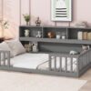 Full Floor Bed With Side Bookcase, Shelves, Guardrails - Gray - Image 6