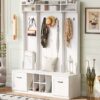 5 In 1 Entryway Bench With Coat Rack, 7 Sturdy Hooks, 2 Spacious Drawers And Adjustable Shelves, Wide Hall Tree With Metal Handles For Hallway - White - Image 11