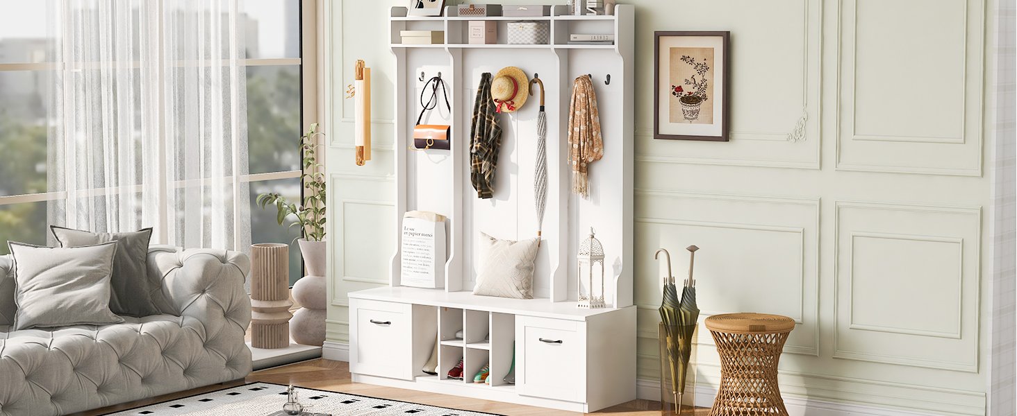 5 In 1 Entryway Bench With Coat Rack, 7 Sturdy Hooks, 2 Spacious Drawers And Adjustable Shelves, Wide Hall Tree With Metal Handles For Hallway - White - Image 11