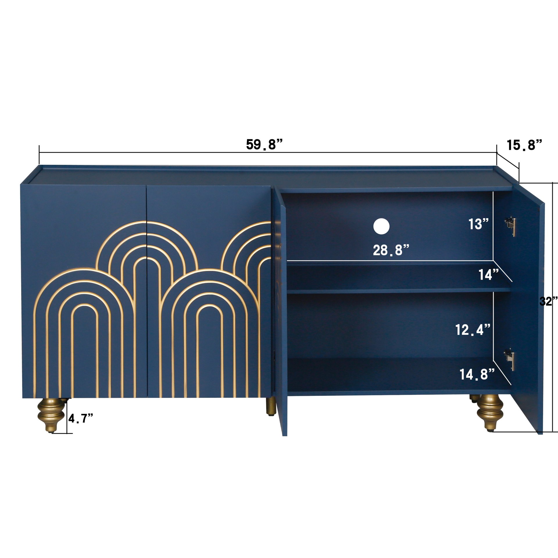 Modern Fluted Sideboard Buffet With Adjustable Shelves, Curve Element With Strict Lines - Navy Blue - Image 3