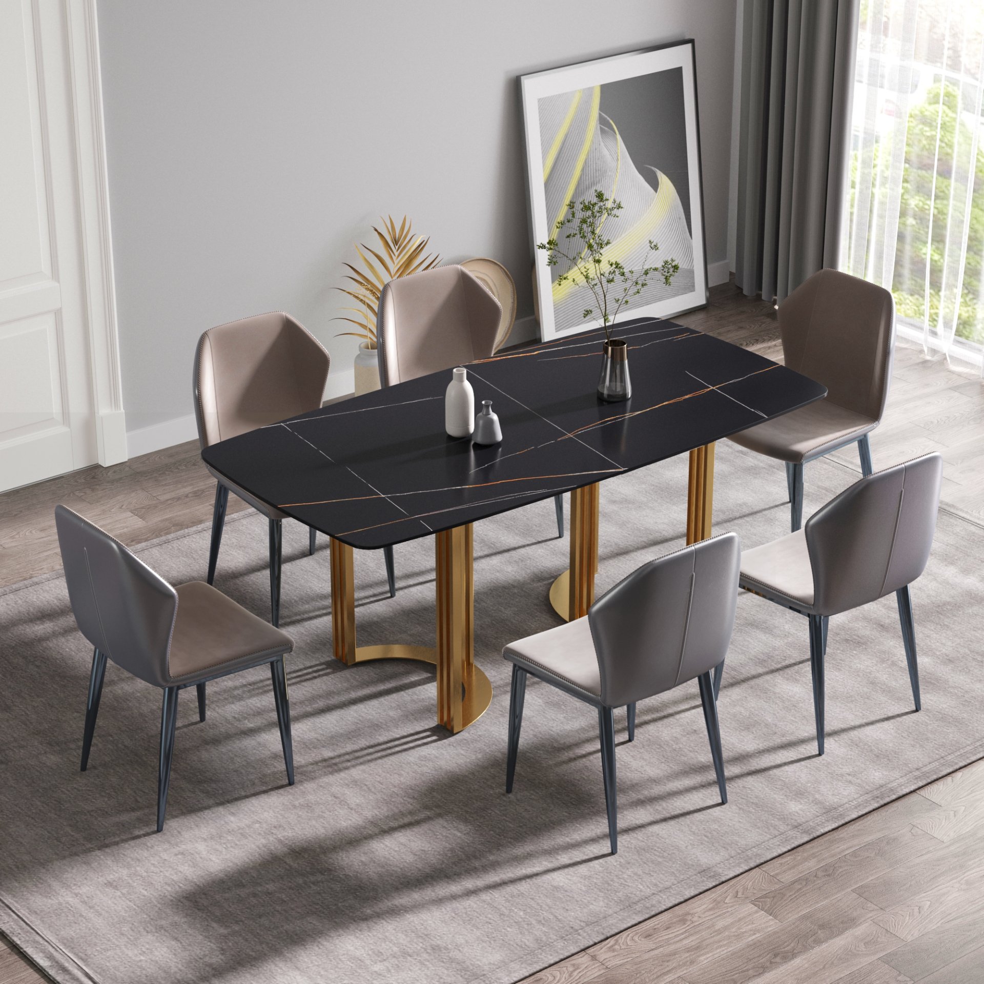 70.87" Modern Artificial Stone Black Curved Metal Leg Dining Table, Can Accommodate 6-8 People - Black / Gold - Image 2