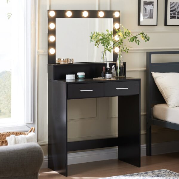 Vanity Desk With Mirror And Lights, Dressing Table With Large Drawer, 2 Level Storage Dresser & 3 Lighting Modes Adjustable Brightness, Suitable For Bedroom - Black