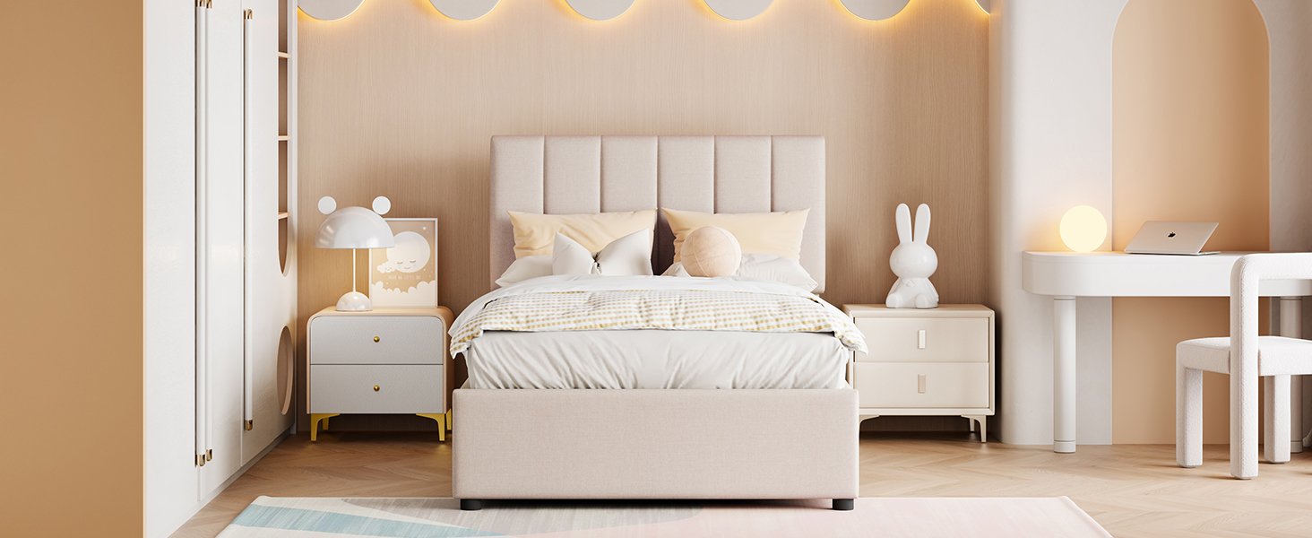 Twin Size Upholstered Platform Bed With A Hydraulic Storage System - Beige - Image 16