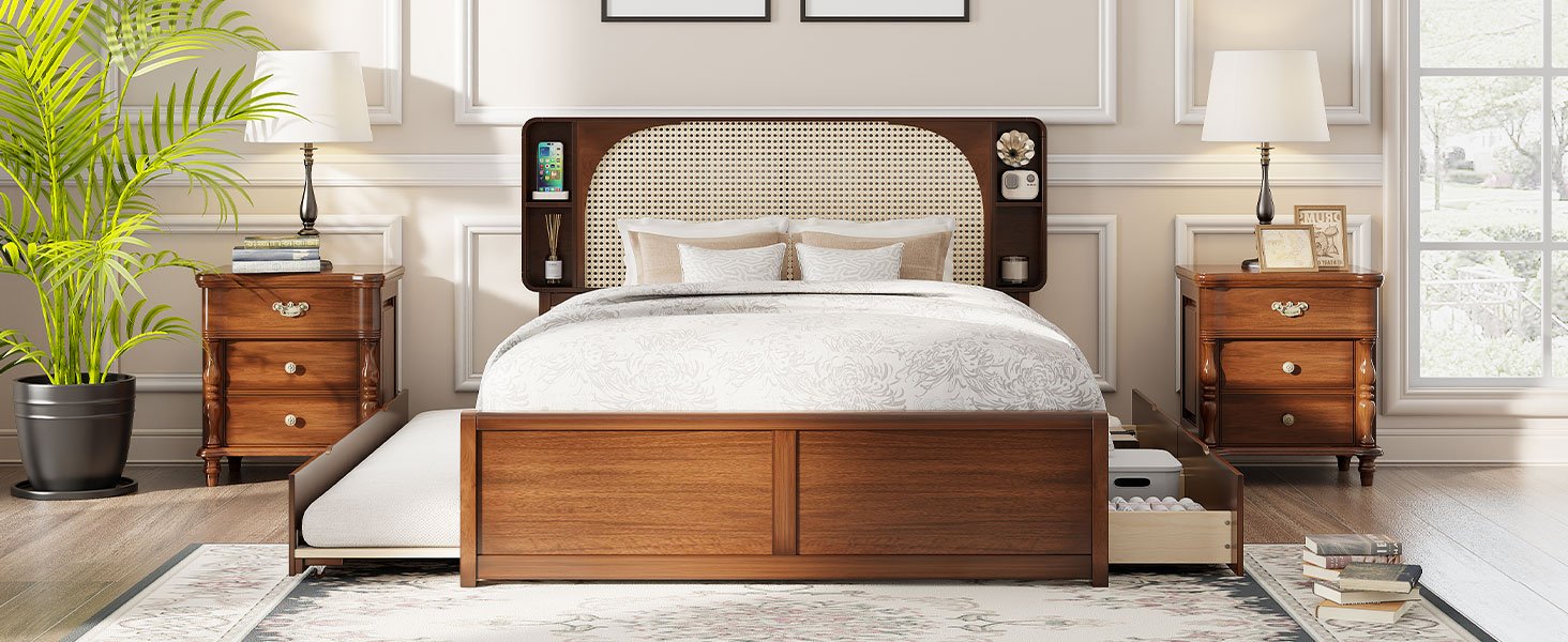 Queen Size Headboard Bed With 2 Drawers And Trundle Walnut - Image 16
