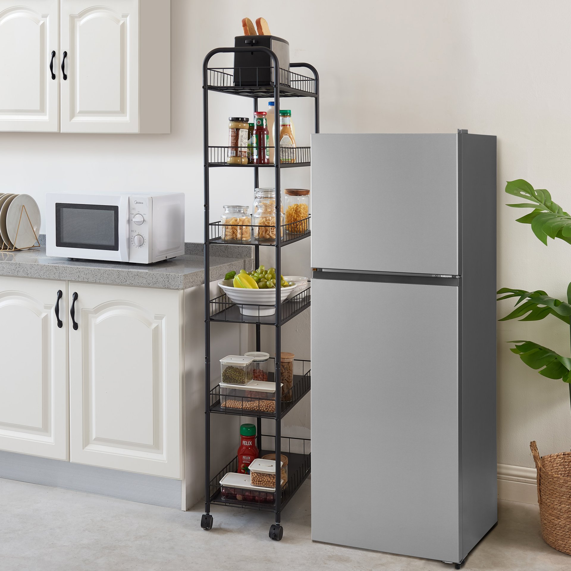 6 Tier Rolling Cart Gap Kitchen Slim Slide Out Storage Tower Rack With Wheels, 6 Baskets, Kitchen, Bathroom Laundry Narrow Piaces Utility Cart - Black - Image 7