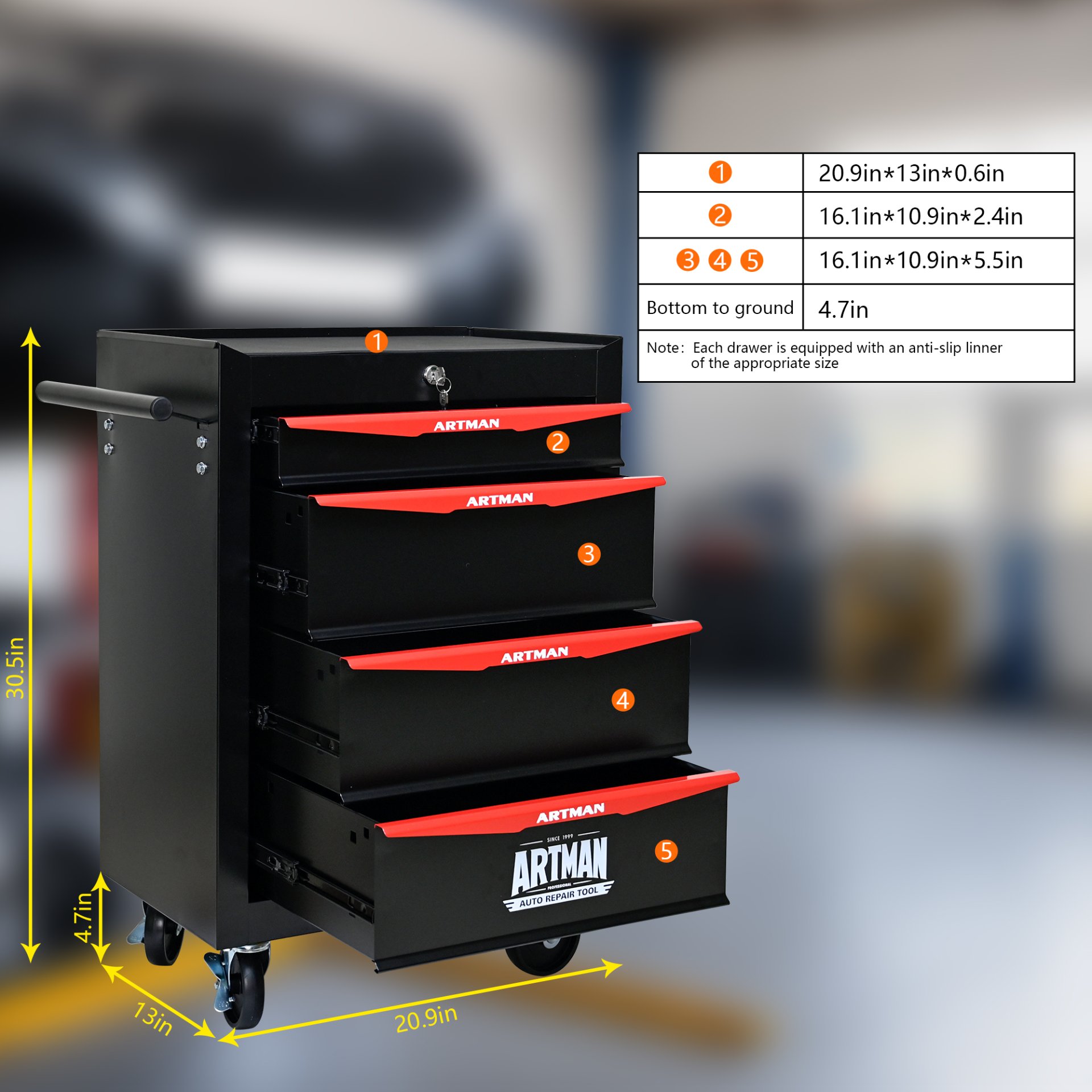 Rolling Metal Tool Chest With 4 Drawers, 20" Steel Storage Cabinet With Ball Bearing Slides - Black / Red - Image 12