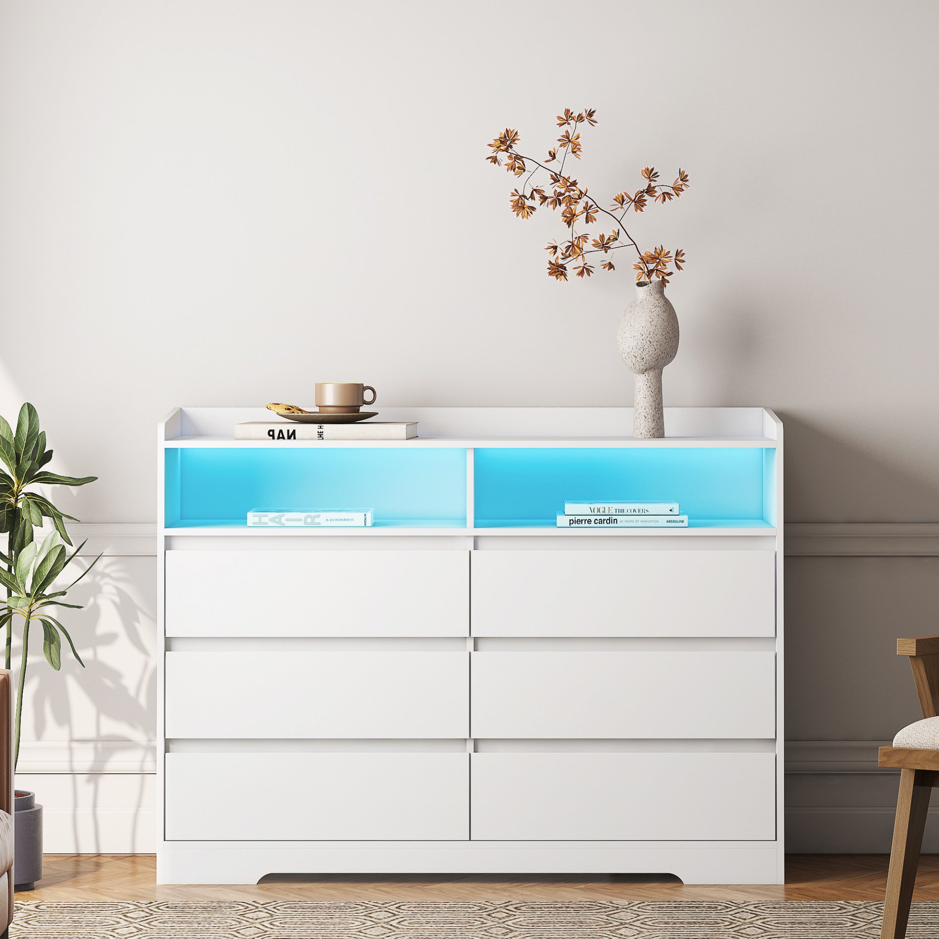 6 Drawer Dresser For Bedroom With LED Lights, Sturdy Frame - White - Image 4