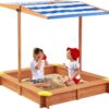 Kids Sandbox With Cover, Sand Box With Adjustable Canopy, Large Outdoor Cedar Sandpit For Backyard Play - Reddish Brown - Image 3