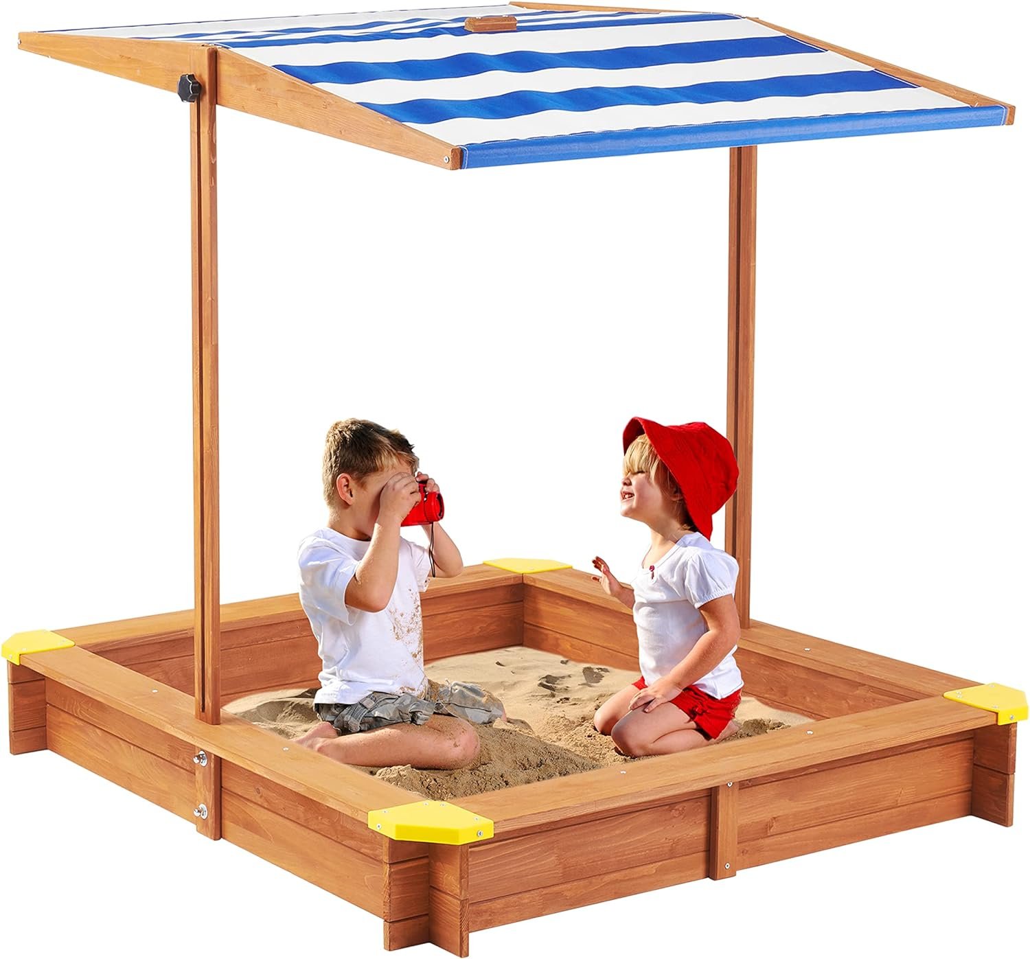 Kids Sandbox With Cover, Sand Box With Adjustable Canopy, Large Outdoor Cedar Sandpit For Backyard Play - Reddish Brown - Image 3